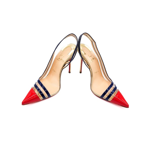 Christian Louboutin Patent Leather PVC Red Navy D'orsay Pumps Heels 37.5 - Picture 6 of 10